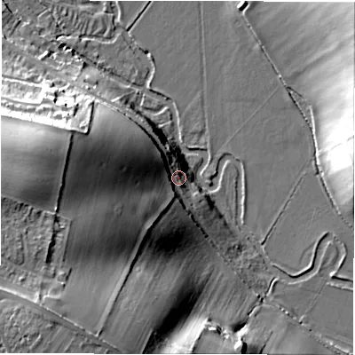 Shaded relief map of the ground around OX184DR, computed from Environment Agency LiDAR. The ground here sits at about 104 m above sea level and falls 38 m across the surrounding 800 m. Surface water reaching this point runs off ground lying to the west, 28.8 m higher.