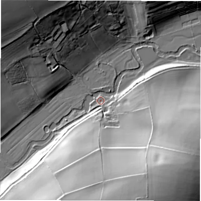 Shaded relief map of the ground around OX184DU, computed from Environment Agency LiDAR. The ground here sits at about 97 m above sea level and falls 40 m across the surrounding 800 m. Surface water reaching this point runs off ground lying to the north-west, 36.8 m higher.
