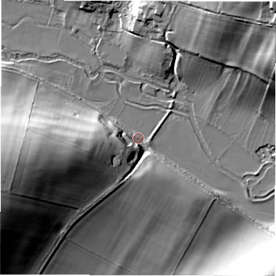 Shaded relief map of the ground around OX184DX, computed from Environment Agency LiDAR. The ground here sits at about 95 m above sea level and falls 37 m across the surrounding 800 m. Surface water reaching this point runs off ground lying to the west-south-west, 21.7 m higher.