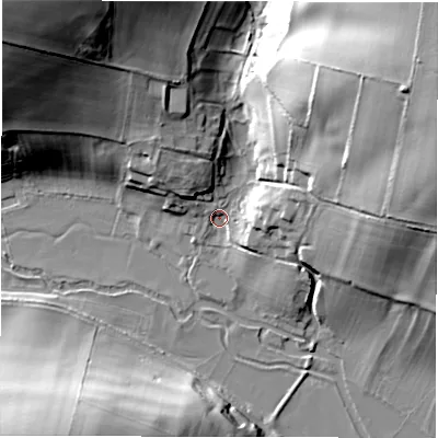 Shaded relief map of the ground around OX184DY, computed from Environment Agency LiDAR. The ground here sits at about 96 m above sea level and falls 44 m across the surrounding 800 m. Surface water reaching this point runs off ground lying to the north-east, 42.0 m higher.