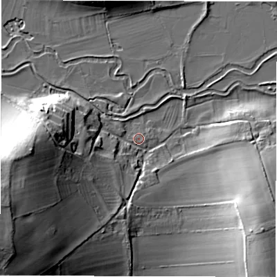 Shaded relief map of the ground around OX184HW, computed from Environment Agency LiDAR. The ground here sits at about 94 m above sea level and falls 27 m across the surrounding 800 m. Surface water reaching this point runs off ground lying to the west, 23.7 m higher.