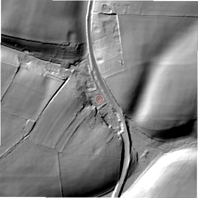 Shaded relief map of the ground around OX184JQ, computed from Environment Agency LiDAR. The ground here sits at about 105 m above sea level and falls 25 m across the surrounding 800 m. Surface water reaching this point runs off ground lying to the west-south-west, 22.6 m higher.