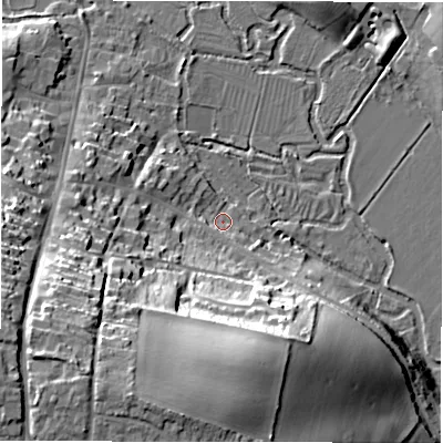 Shaded relief map of the ground around OX184RX, computed from Environment Agency LiDAR. The ground here sits at about 102 m above sea level and falls 37 m across the surrounding 800 m. Surface water reaching this point runs off ground lying to the south-south-west, 34.2 m higher.