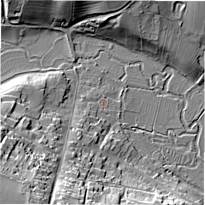 Shaded relief map of the ground around OX184RZ, computed from Environment Agency LiDAR. The ground here sits at about 101 m above sea level and falls 39 m across the surrounding 800 m. Surface water reaching this point runs off ground lying to the south-west, 4.1 m higher.