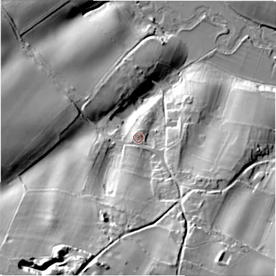 Shaded relief map of the ground around OX184TU, computed from Environment Agency LiDAR. The ground here sits at about 129 m above sea level and falls 62 m across the surrounding 800 m. Surface water reaching this point runs off ground lying to the south-south-west, 38.5 m higher.