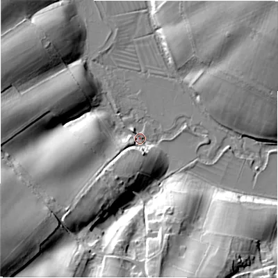 Shaded relief map of the ground around OX184TY, computed from Environment Agency LiDAR. The ground here sits at about 111 m above sea level and falls 35 m across the surrounding 800 m. Surface water reaching this point runs off ground lying to the south-west, 33.0 m higher.