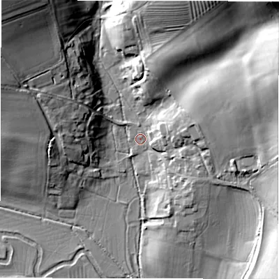 Shaded relief map of the ground around OX184UH, computed from Environment Agency LiDAR. The ground here sits at about 106 m above sea level and falls 27 m across the surrounding 800 m. Surface water reaching this point runs off ground lying to the east-north-east, 6.6 m higher.