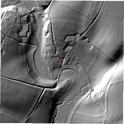 Shaded relief map of the ground around OX201AL, computed from Environment Agency LiDAR. The ground here sits at about 95 m above sea level and falls 36 m across the surrounding 800 m. Surface water reaching this point runs off ground lying to the north-north-east, 29.6 m higher.
