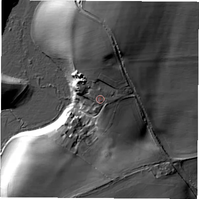 Shaded relief map of the ground around OX201EP, computed from Environment Agency LiDAR. The ground here sits at about 96 m above sea level and falls 26 m across the surrounding 800 m. Surface water reaching this point runs off ground lying to the north, 2.3 m higher.