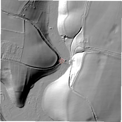 Shaded relief map of the ground around OX201EW, computed from Environment Agency LiDAR. The ground here sits at about 84 m above sea level and falls 27 m across the surrounding 800 m. Surface water reaching this point runs off ground lying to the west, 15.9 m higher.