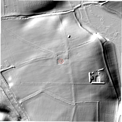 Shaded relief map of the ground around OX201HZ, computed from Environment Agency LiDAR. The ground here sits at about 105 m above sea level and falls 29 m across the surrounding 800 m. Surface water reaching this point runs off ground lying to the west, 2.0 m higher.