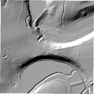 Shaded relief map of the ground around OX201QA, computed from Environment Agency LiDAR. The ground here sits at about 86 m above sea level and falls 35 m across the surrounding 800 m. Surface water reaching this point runs off ground lying to the east-south-east, 3.7 m higher.