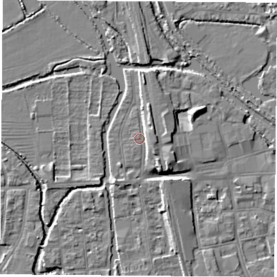 Shaded relief map of the ground around OX20AH, computed from Environment Agency LiDAR. The ground here sits at about 58 m above sea level and falls 7 m across the surrounding 800 m. Surface water reaching this point runs off ground lying to the north-north-east, 3.4 m higher.