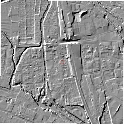 Shaded relief map of the ground around OX20AJ, computed from Environment Agency LiDAR. The ground here sits at about 57 m above sea level and falls 7 m across the surrounding 800 m. Surface water reaching this point runs off ground lying to the north-east, 3.5 m higher.