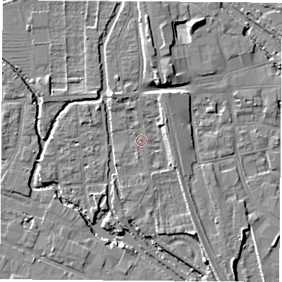 Shaded relief map of the ground around OX20AL, computed from Environment Agency LiDAR. The ground here sits at about 57 m above sea level and falls 7 m across the surrounding 800 m. Surface water reaching this point runs off ground lying to the north-east, 3.5 m higher.