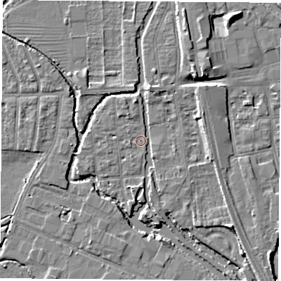 Shaded relief map of the ground around OX20AU, computed from Environment Agency LiDAR. The ground here sits at about 57 m above sea level and falls 7 m across the surrounding 800 m. Surface water reaching this point runs off ground lying to the east-north-east, 4.1 m higher.