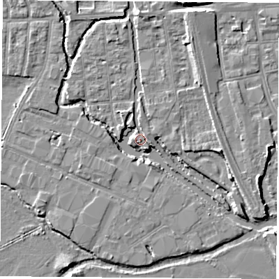 Shaded relief map of the ground around OX20AX, computed from Environment Agency LiDAR. The ground here sits at about 57 m above sea level and falls 6 m across the surrounding 800 m. Surface water reaching this point runs off ground lying to the south-east, 5.5 m higher.