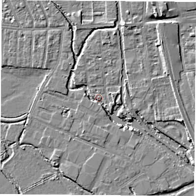 Shaded relief map of the ground around OX20BG, computed from Environment Agency LiDAR. The ground here sits at about 57 m above sea level and falls 6 m across the surrounding 800 m. Surface water reaching this point runs off ground lying to the north-west, 3.0 m higher.