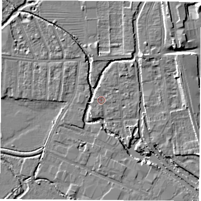 Shaded relief map of the ground around OX20BH, computed from Environment Agency LiDAR. The ground here sits at about 57 m above sea level and falls 7 m across the surrounding 800 m. Surface water reaching this point runs off ground lying to the west-north-west, 0.9 m higher.