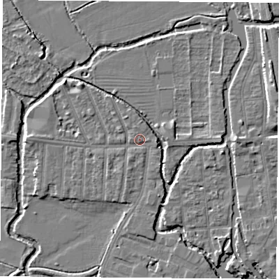 Shaded relief map of the ground around OX20BT, computed from Environment Agency LiDAR. The ground here sits at about 57 m above sea level and falls 6 m across the surrounding 800 m. Surface water reaching this point runs off ground lying to the north-west, 2.9 m higher.