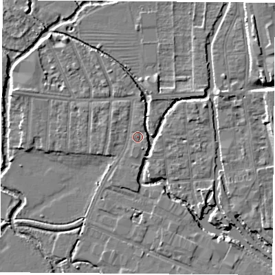 Shaded relief map of the ground around OX20BY, computed from Environment Agency LiDAR. The ground here sits at about 57 m above sea level and falls 6 m across the surrounding 800 m. Surface water reaching this point runs off ground lying to the north-west, 2.9 m higher.