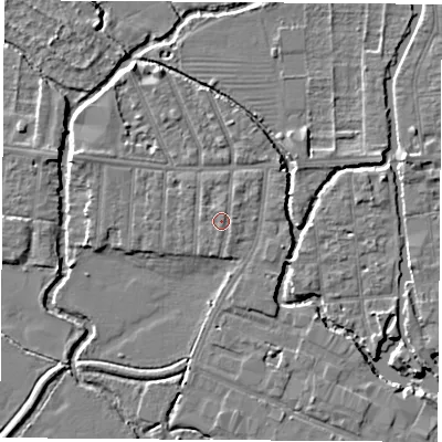 Shaded relief map of the ground around OX20BZ, computed from Environment Agency LiDAR. The ground here sits at about 58 m above sea level and falls 5 m across the surrounding 800 m. Surface water reaching this point runs off ground lying to the south-east, 0.8 m higher.