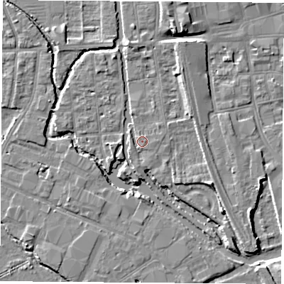 Shaded relief map of the ground around OX20DJ, computed from Environment Agency LiDAR. The ground here sits at about 57 m above sea level and falls 6 m across the surrounding 800 m. Surface water reaching this point runs off ground lying to the north-west, 1.0 m higher.