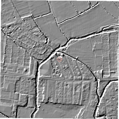 Shaded relief map of the ground around OX20EY, computed from Environment Agency LiDAR. The ground here sits at about 57 m above sea level and falls 4 m across the surrounding 800 m. Surface water reaching this point runs off ground lying to the north-east, 2.8 m higher.