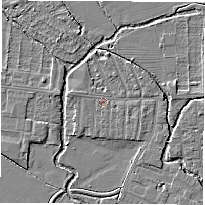 Shaded relief map of the ground around OX20EZ, computed from Environment Agency LiDAR. The ground here sits at about 57 m above sea level and falls 4 m across the surrounding 800 m. Surface water reaching this point runs off ground lying to the west-north-west, 1.1 m higher.