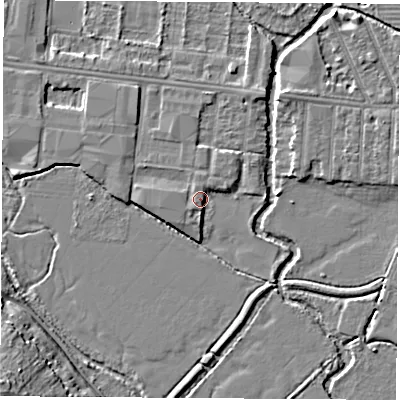 Shaded relief map of the ground around OX20FD, computed from Environment Agency LiDAR. The ground here sits at about 58 m above sea level and falls 17 m across the surrounding 800 m. Surface water reaching this point runs off ground lying to the south-west, 0.7 m higher.
