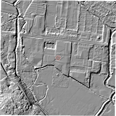 Shaded relief map of the ground around OX20HA, computed from Environment Agency LiDAR. The ground here sits at about 58 m above sea level and falls 21 m across the surrounding 800 m. Surface water reaching this point runs off ground lying to the east-south-east, 0.5 m higher.
