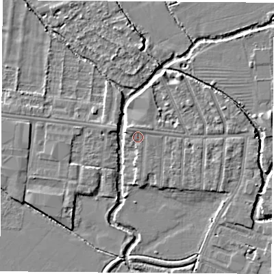 Shaded relief map of the ground around OX20HB, computed from Environment Agency LiDAR. The ground here sits at about 58 m above sea level and falls 4 m across the surrounding 800 m. Surface water reaching this point runs off ground lying to the north-north-east, 0.7 m higher.