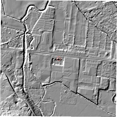 Shaded relief map of the ground around OX20HG, computed from Environment Agency LiDAR. The ground here sits at about 57 m above sea level and falls 14 m across the surrounding 800 m. Surface water reaching this point runs off ground lying to the south-west, 2.2 m higher.