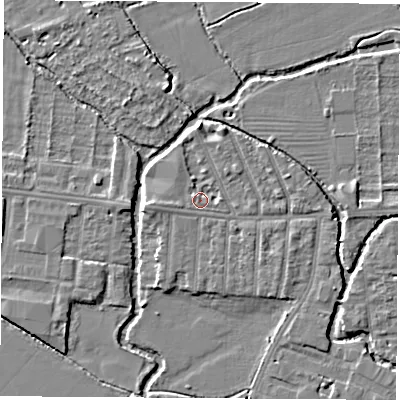 Shaded relief map of the ground around OX20HH, computed from Environment Agency LiDAR. The ground here sits at about 57 m above sea level and falls 4 m across the surrounding 800 m. Surface water reaching this point runs off ground lying to the west, 1.7 m higher.