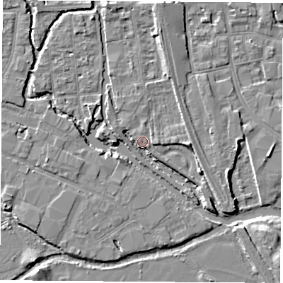 Shaded relief map of the ground around OX20HJ, computed from Environment Agency LiDAR. The ground here sits at about 57 m above sea level and falls 6 m across the surrounding 800 m. Surface water reaching this point runs off ground lying to the east, 3.1 m higher.