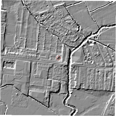 Shaded relief map of the ground around OX20HL, computed from Environment Agency LiDAR. The ground here sits at about 58 m above sea level and falls 4 m across the surrounding 800 m. Surface water reaching this point runs off ground lying to the south-east, 1.2 m higher.