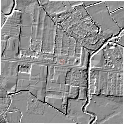 Shaded relief map of the ground around OX20HN, computed from Environment Agency LiDAR. The ground here sits at about 57 m above sea level and falls 4 m across the surrounding 800 m. Surface water reaching this point runs off ground lying to the south-south-west, 0.6 m higher.