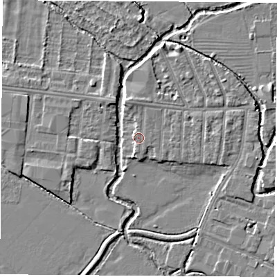 Shaded relief map of the ground around OX20HU, computed from Environment Agency LiDAR. The ground here sits at about 58 m above sea level and falls 4 m across the surrounding 800 m. The ground contributing surface water to this point lies to the south.