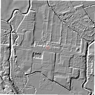 Shaded relief map of the ground around OX20HW, computed from Environment Agency LiDAR. The ground here sits at about 57 m above sea level and falls 9 m across the surrounding 800 m. Surface water reaching this point runs off ground lying to the south-west, 1.3 m higher.