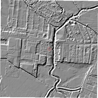 Shaded relief map of the ground around OX20HX, computed from Environment Agency LiDAR. The ground here sits at about 57 m above sea level and falls 4 m across the surrounding 800 m. Surface water reaching this point runs off ground lying to the north-north-east, 2.2 m higher.