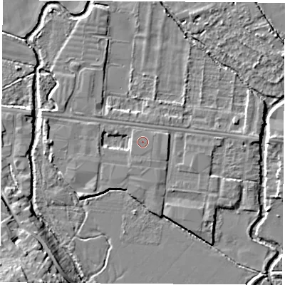 Shaded relief map of the ground around OX20HY, computed from Environment Agency LiDAR. The ground here sits at about 58 m above sea level and falls 15 m across the surrounding 800 m. The ground contributing surface water to this point lies to the east-north-east.