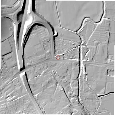 Shaded relief map of the ground around OX20JH, computed from Environment Agency LiDAR. The ground here sits at about 57 m above sea level and falls 18 m across the surrounding 800 m. Surface water reaching this point runs off ground lying to the north-west, 15.4 m higher.