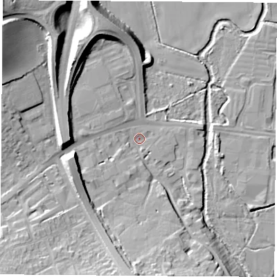 Shaded relief map of the ground around OX20JR, computed from Environment Agency LiDAR. The ground here sits at about 57 m above sea level and falls 20 m across the surrounding 800 m. Surface water reaching this point runs off ground lying to the south, 11.9 m higher.