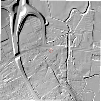 Shaded relief map of the ground around OX20JW, computed from Environment Agency LiDAR. The ground here sits at about 57 m above sea level and falls 17 m across the surrounding 800 m. Surface water reaching this point runs off ground lying to the south-south-west, 11.5 m higher.
