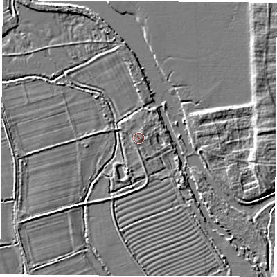 Shaded relief map of the ground around OX20NJ, computed from Environment Agency LiDAR. The ground here sits at about 58 m above sea level and falls 4 m across the surrounding 800 m. Surface water reaching this point runs off ground lying to the south-south-west, 1.3 m higher.
