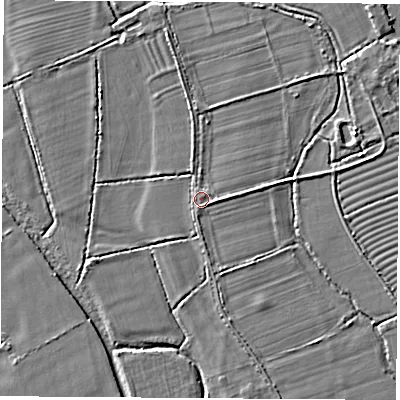 Shaded relief map of the ground around OX20NQ, computed from Environment Agency LiDAR. The ground here sits at about 57 m above sea level and falls 3 m across the surrounding 800 m. Surface water reaching this point runs off ground lying to the east-north-east, 2.6 m higher.