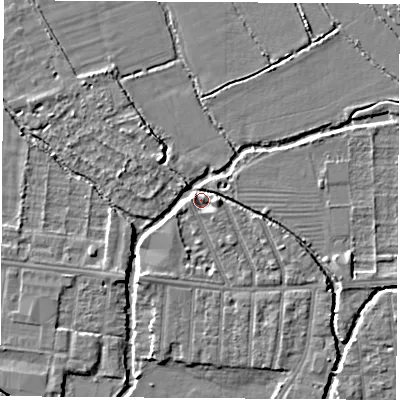 Shaded relief map of the ground around OX20QJ, computed from Environment Agency LiDAR. The ground here sits at about 56 m above sea level and falls 4 m across the surrounding 800 m. Surface water reaching this point runs off ground lying to the north-west, 4.2 m higher.