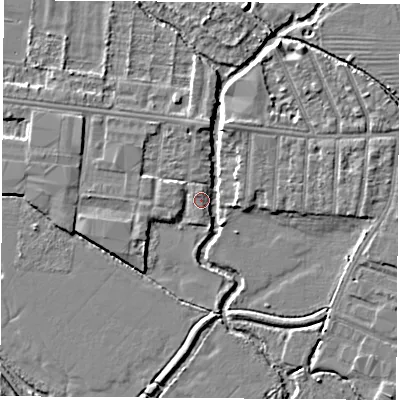 Shaded relief map of the ground around OX20QT, computed from Environment Agency LiDAR. The ground here sits at about 57 m above sea level and falls 5 m across the surrounding 800 m. Surface water reaching this point runs off ground lying to the south-south-east, 2.5 m higher.