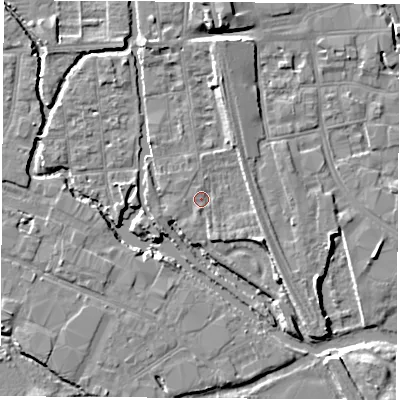 Shaded relief map of the ground around OX20XJ, computed from Environment Agency LiDAR. The ground here sits at about 57 m above sea level and falls 6 m across the surrounding 800 m. Surface water reaching this point runs off ground lying to the south-east, 3.1 m higher.