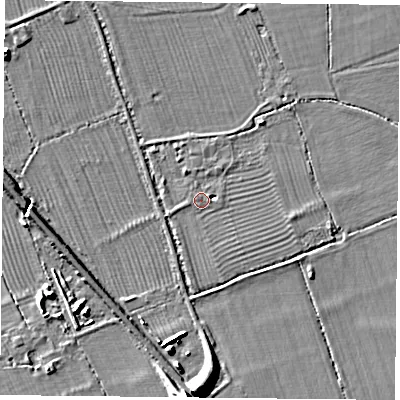 Shaded relief map of the ground around OX251QG, computed from Environment Agency LiDAR. The ground here sits at about 62 m above sea level and falls 9 m across the surrounding 800 m. Surface water reaching this point runs off ground lying to the south, 7.3 m higher.